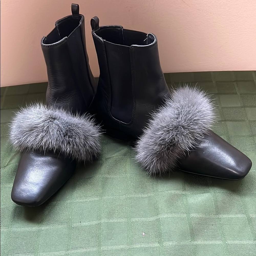 Dymonlatry Elegant Black Leather Ankle Boots with Fur Trim